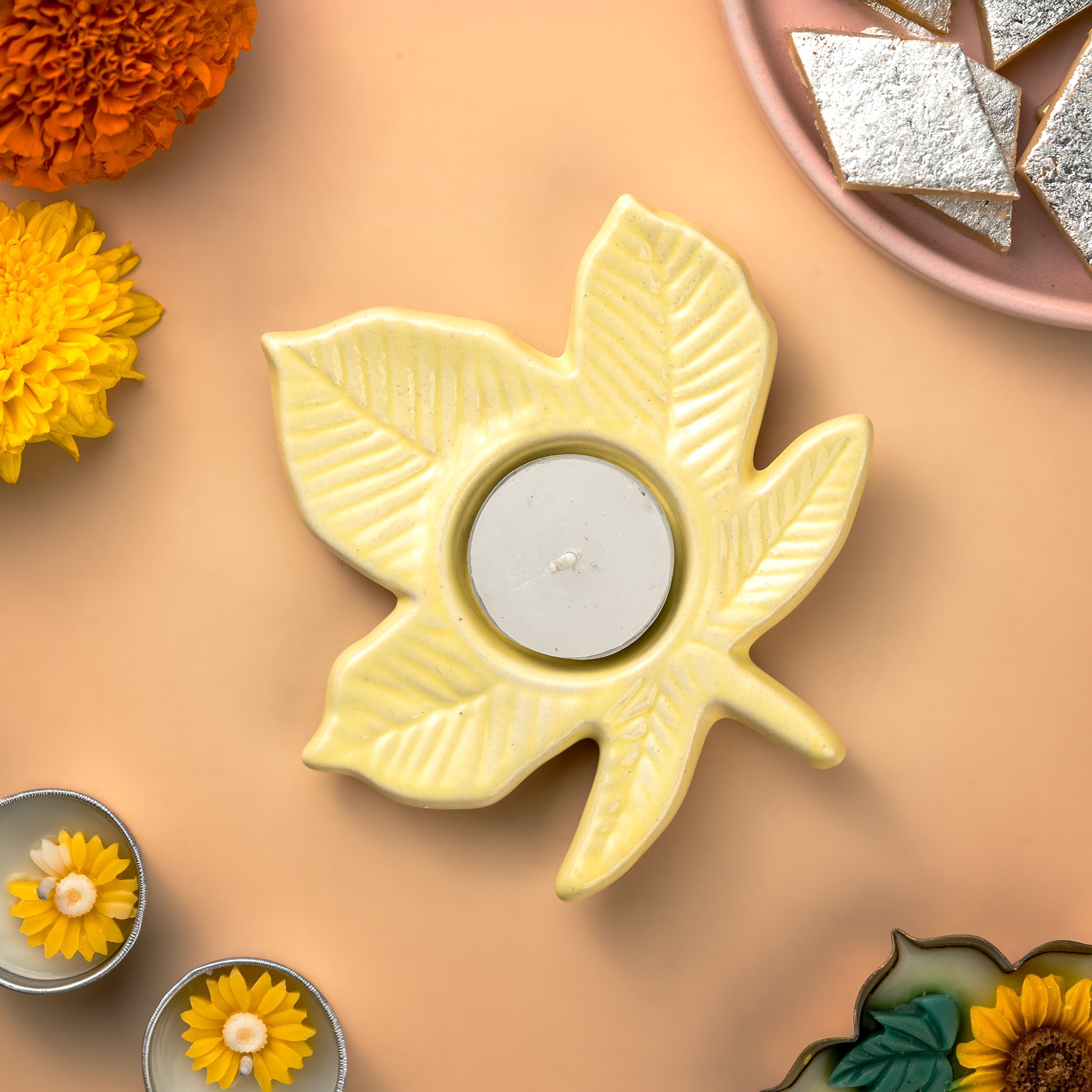 Set of 2 Yellow Leaf Ceramic Tealight Holders