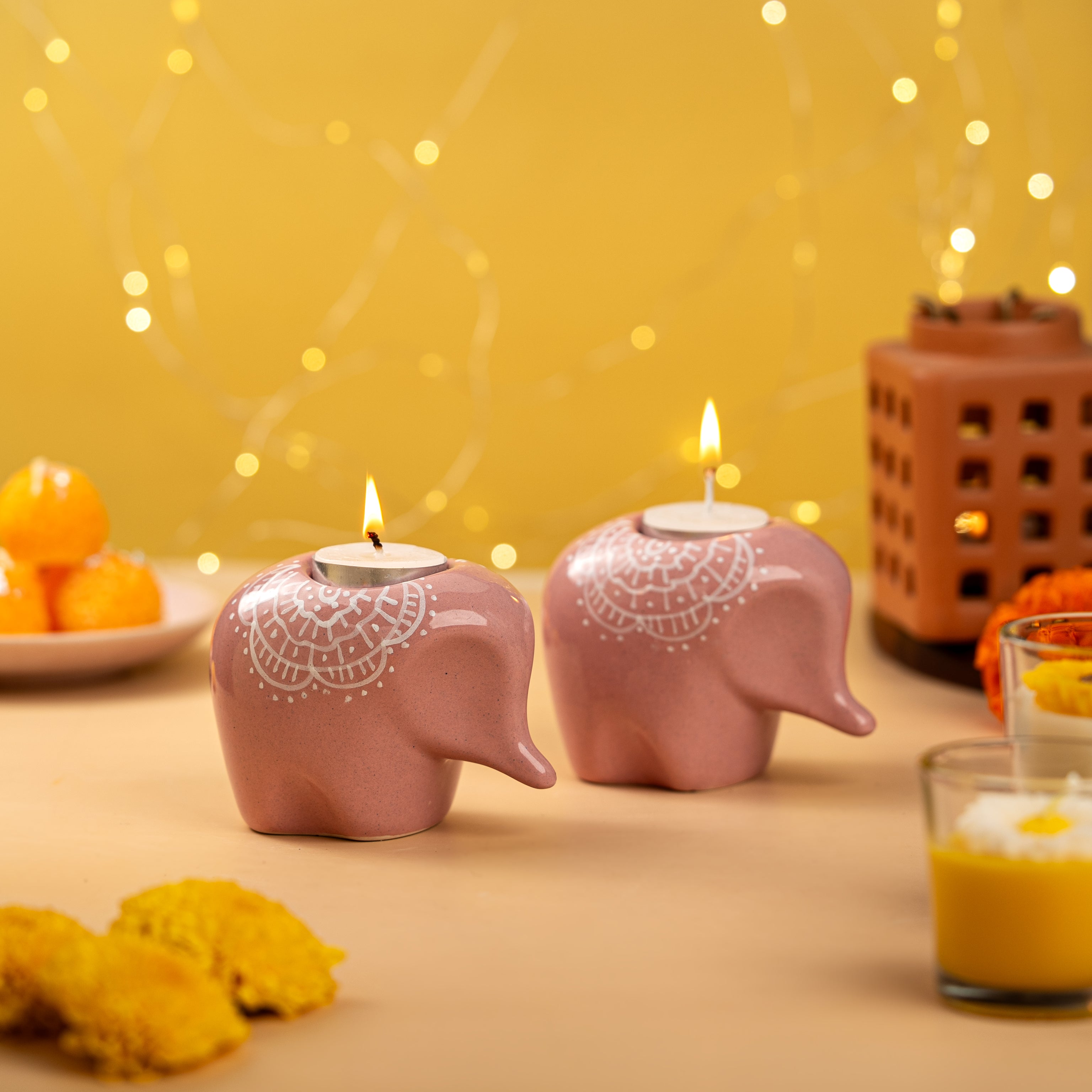 Set of 2 Pink Elephant Ceramic Handpainted Tealight Holders