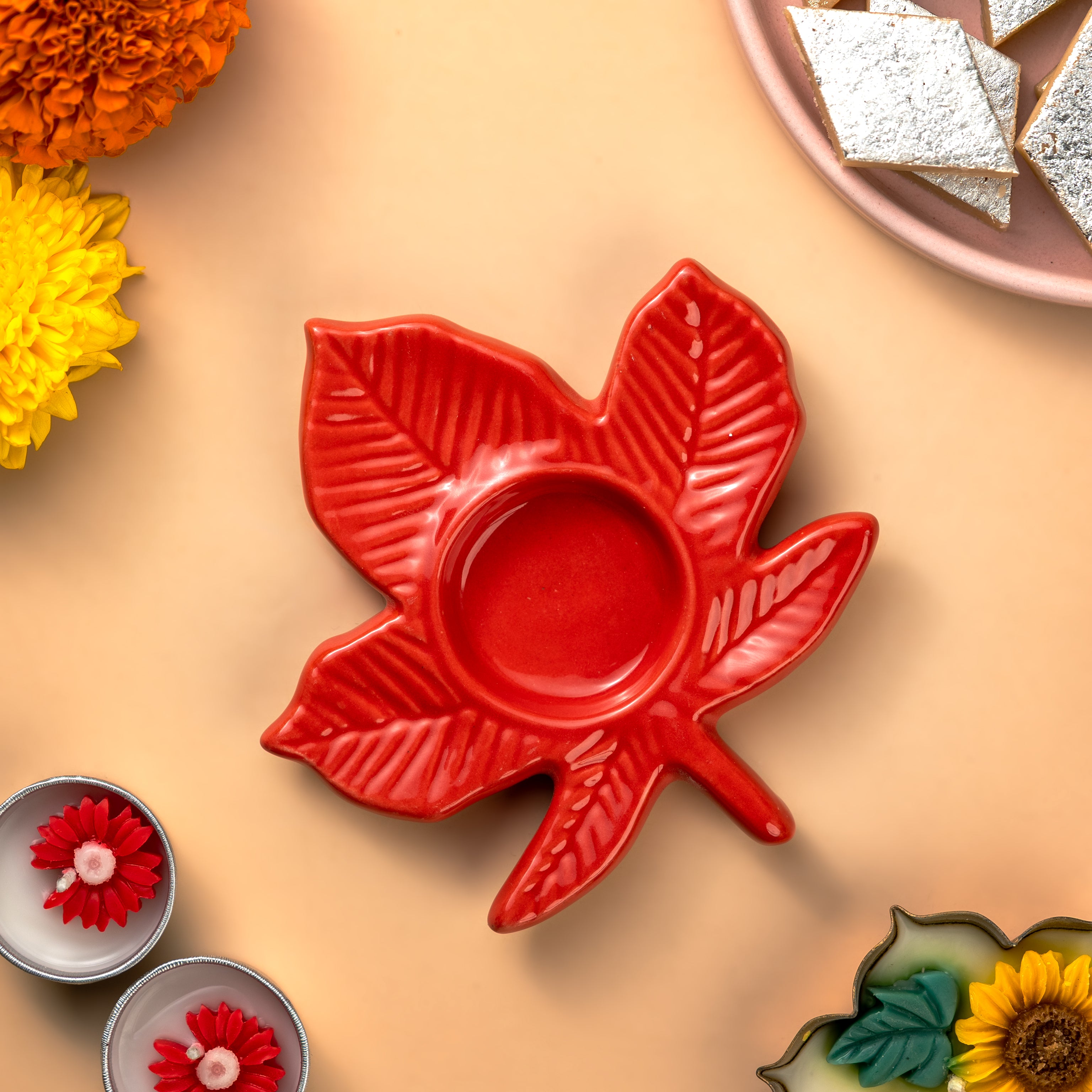 Set of 2 Red Leaf Ceramic Tealight Holders