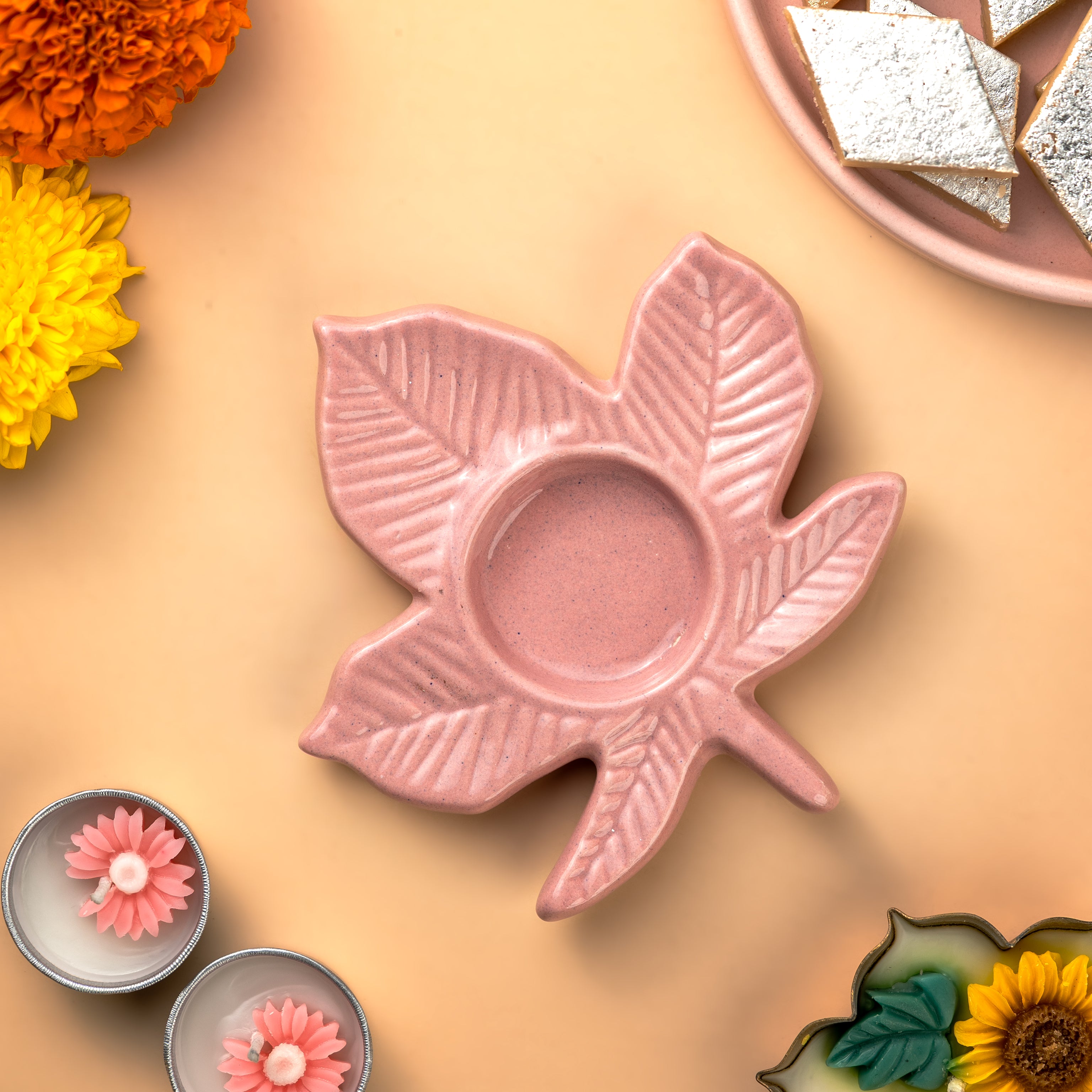 Set of 2 Pink Leaf Ceramic Tealight Holders