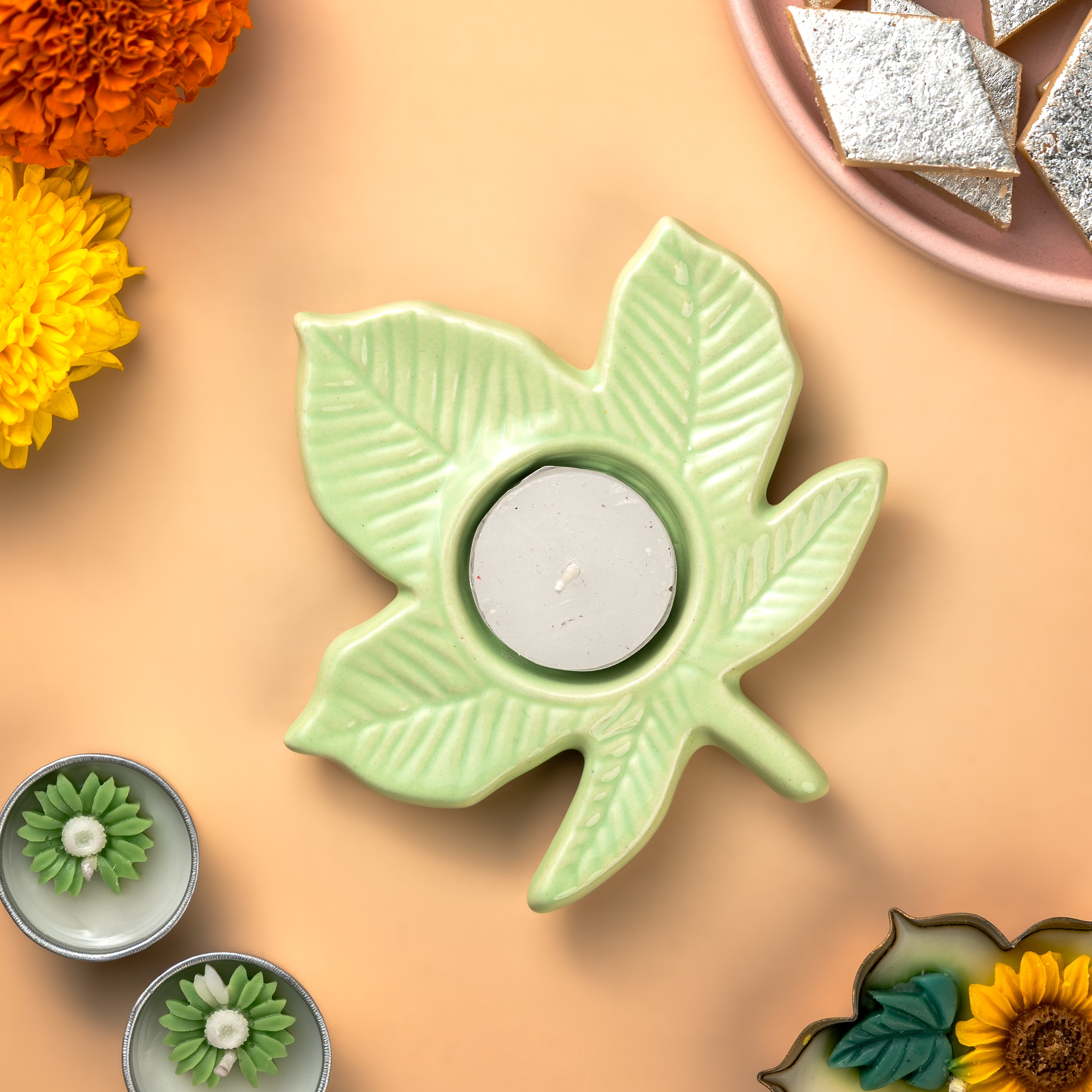 Green Leaf Ceramic Tealight Holder – Single Piece (Not a Set)