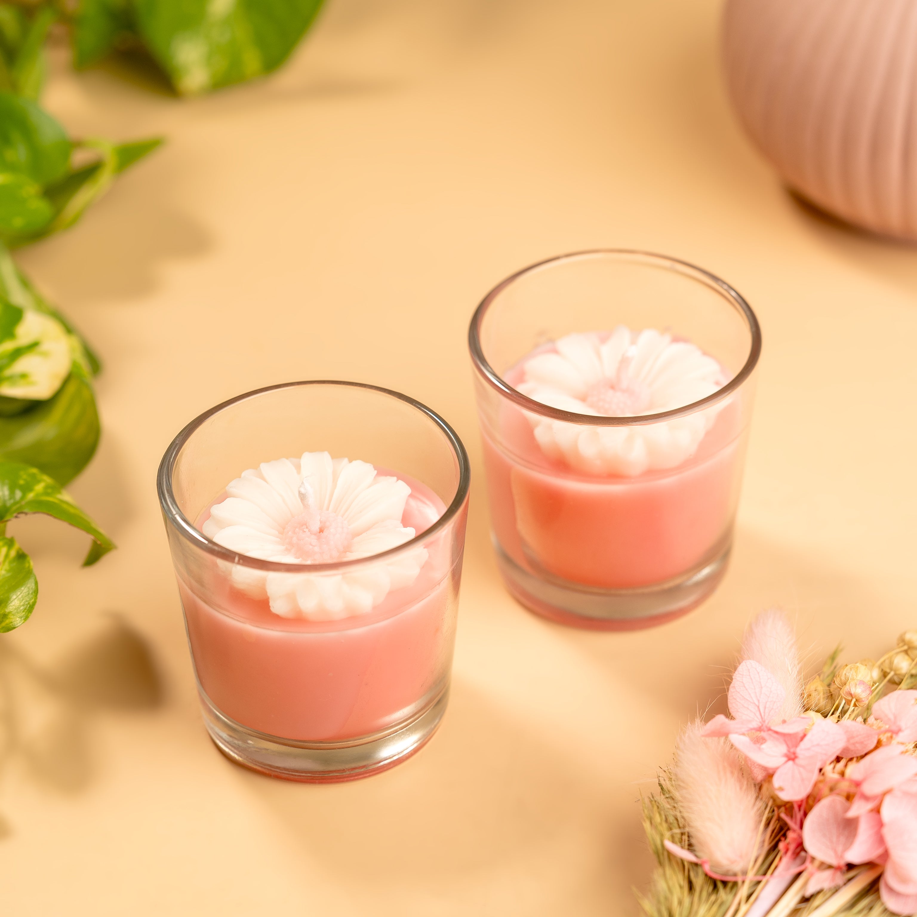 Set of 2 Daisy Shot Jar Soy Wax Candles – Pink Peony