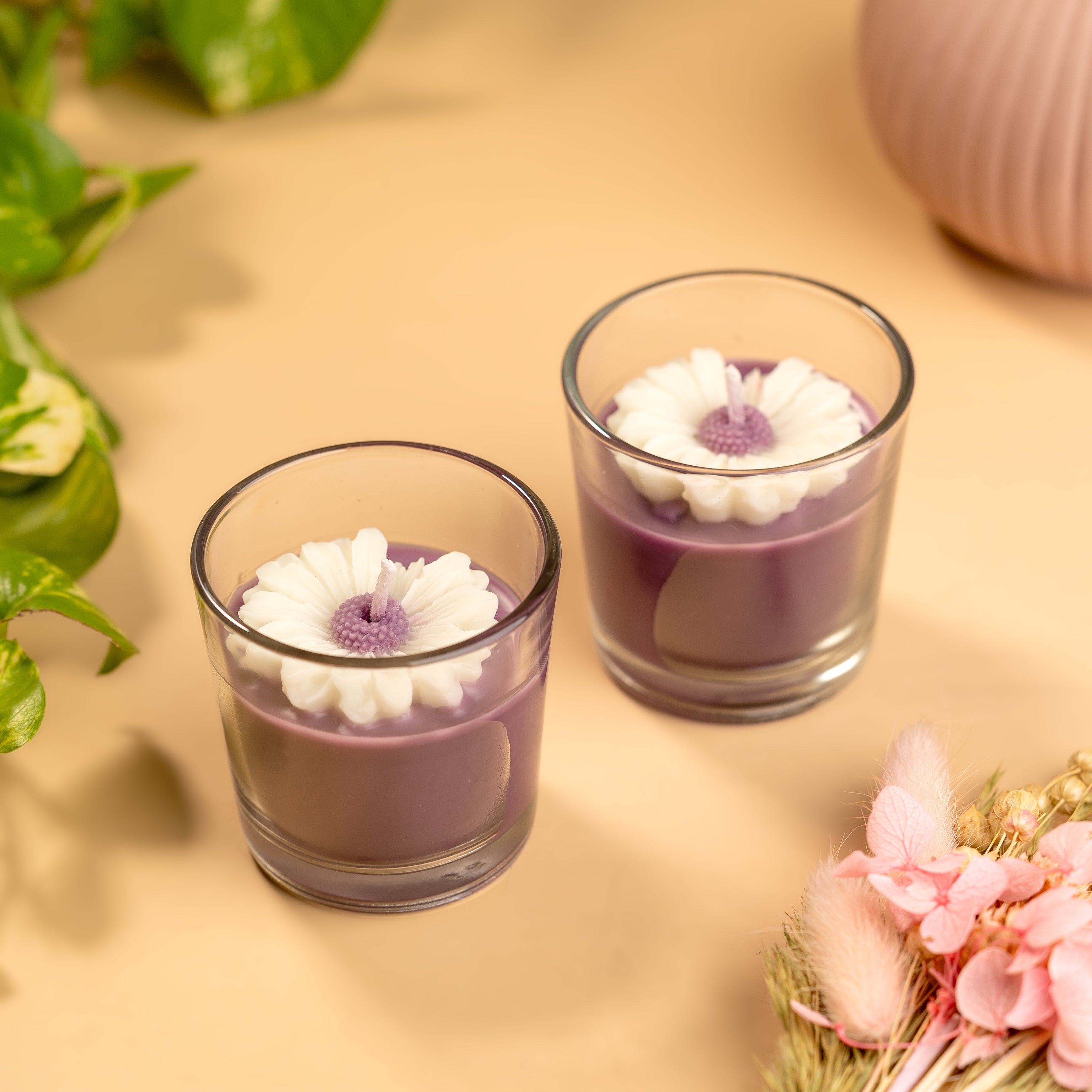 Gift Set of 2 Daisy Shot Jar Soy Wax Candles – Lavender