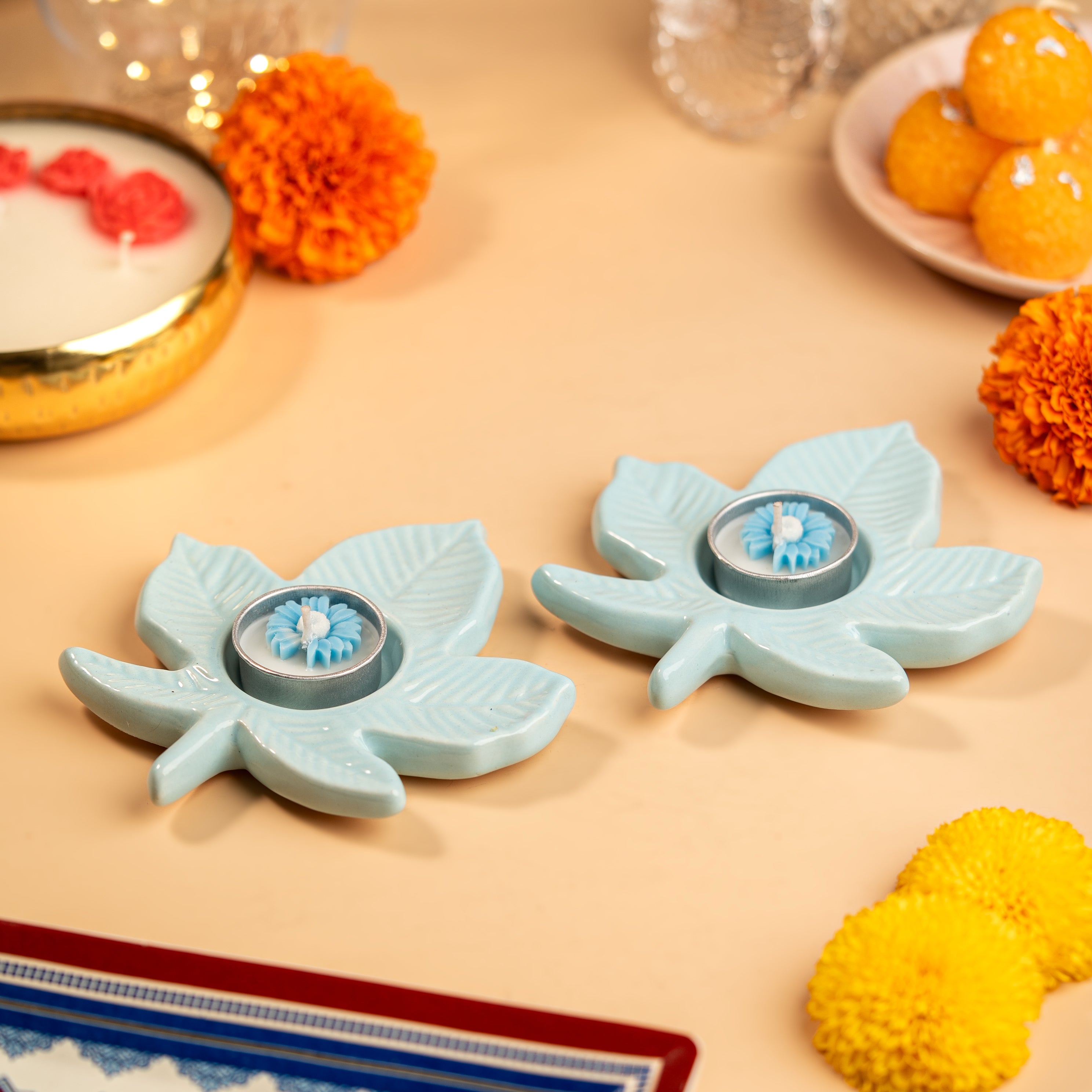 Blue Leaf Ceramic Tealight Holder – Single Piece (Not a Set)