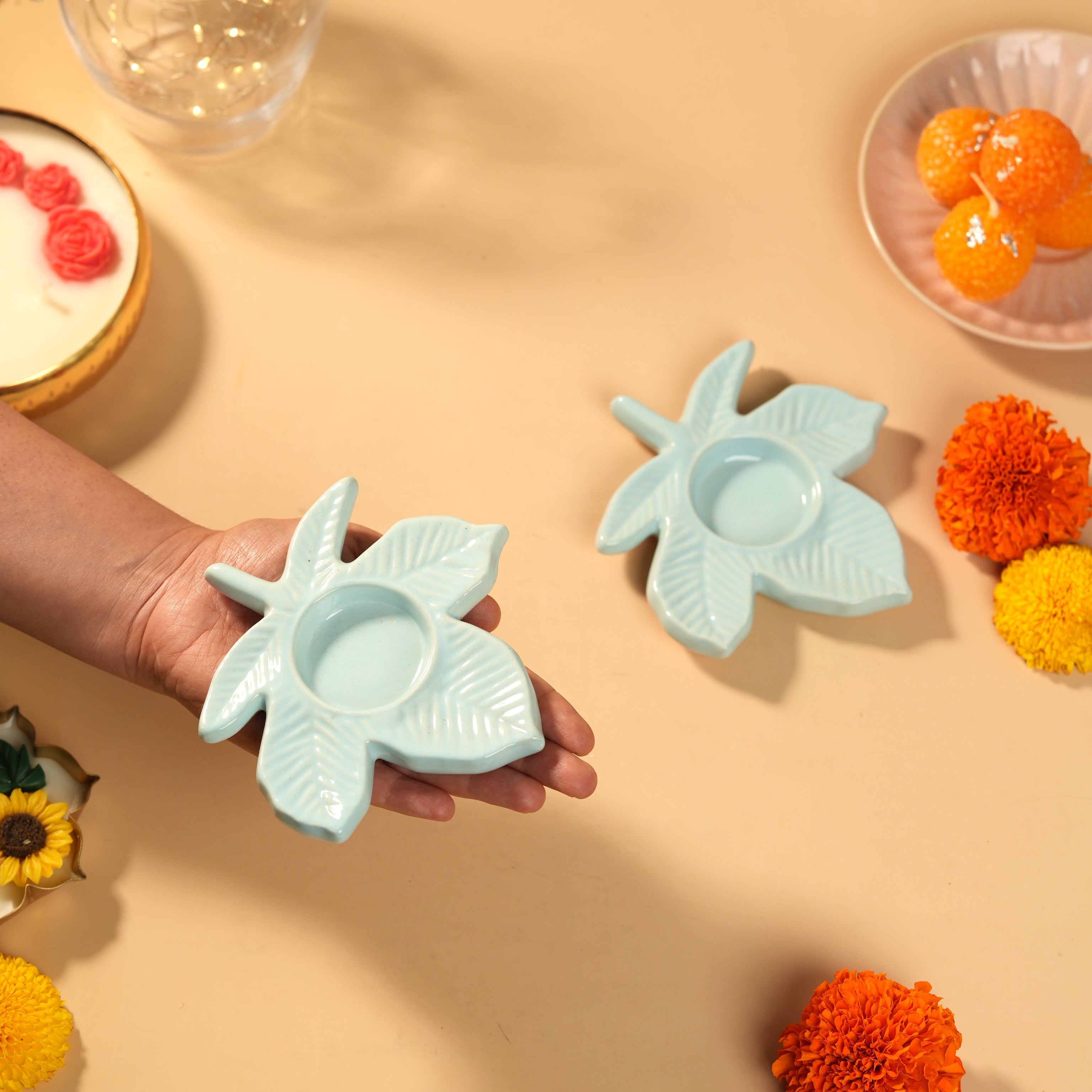 Blue Leaf Ceramic Tealight Holder – Single Piece (Not a Set)