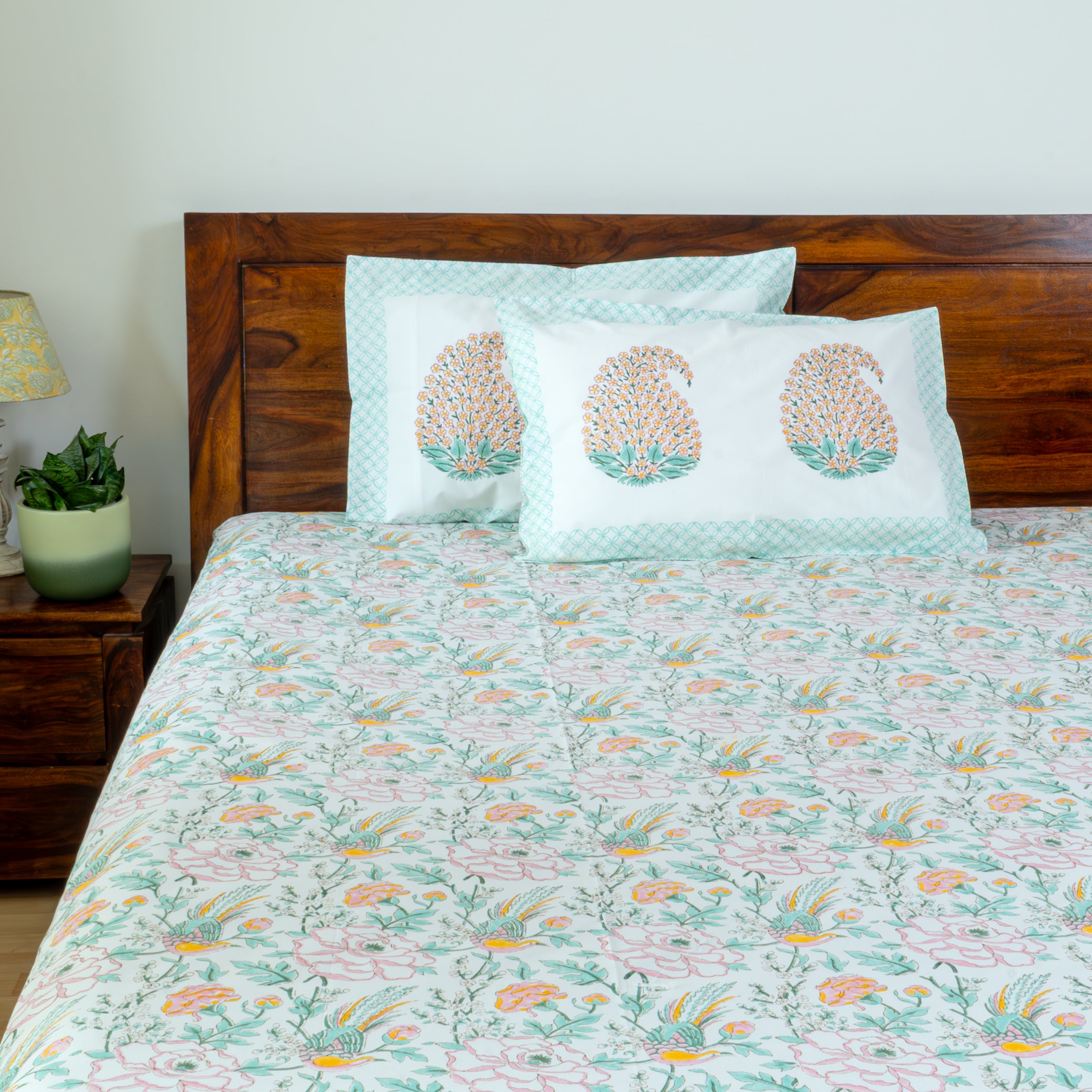 Laurel - Premium 300 TC Cotton Percale Handblock Printed Bedsheet