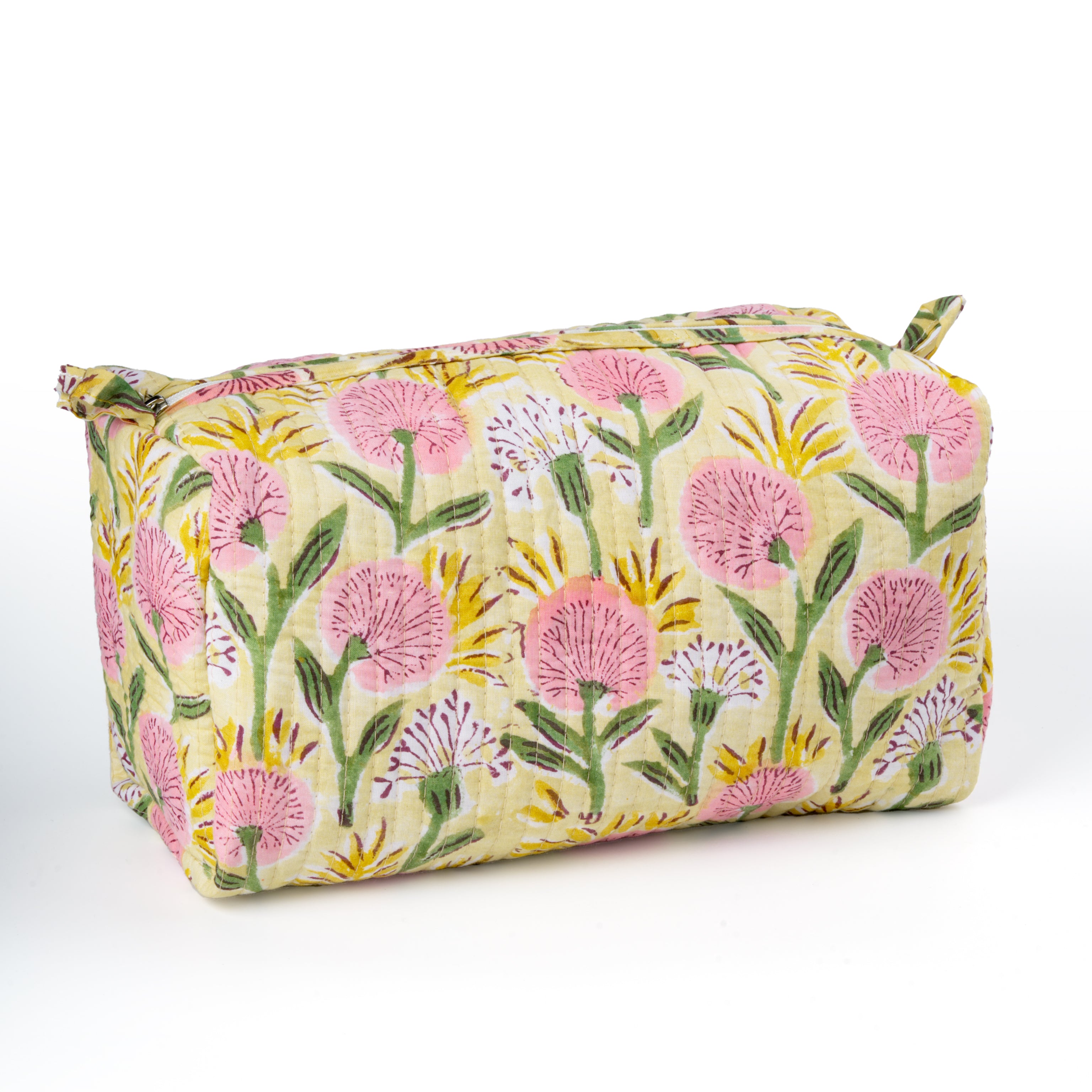'"Floral Meadow" Block Printed Quilted Toiletry Pouch – Large