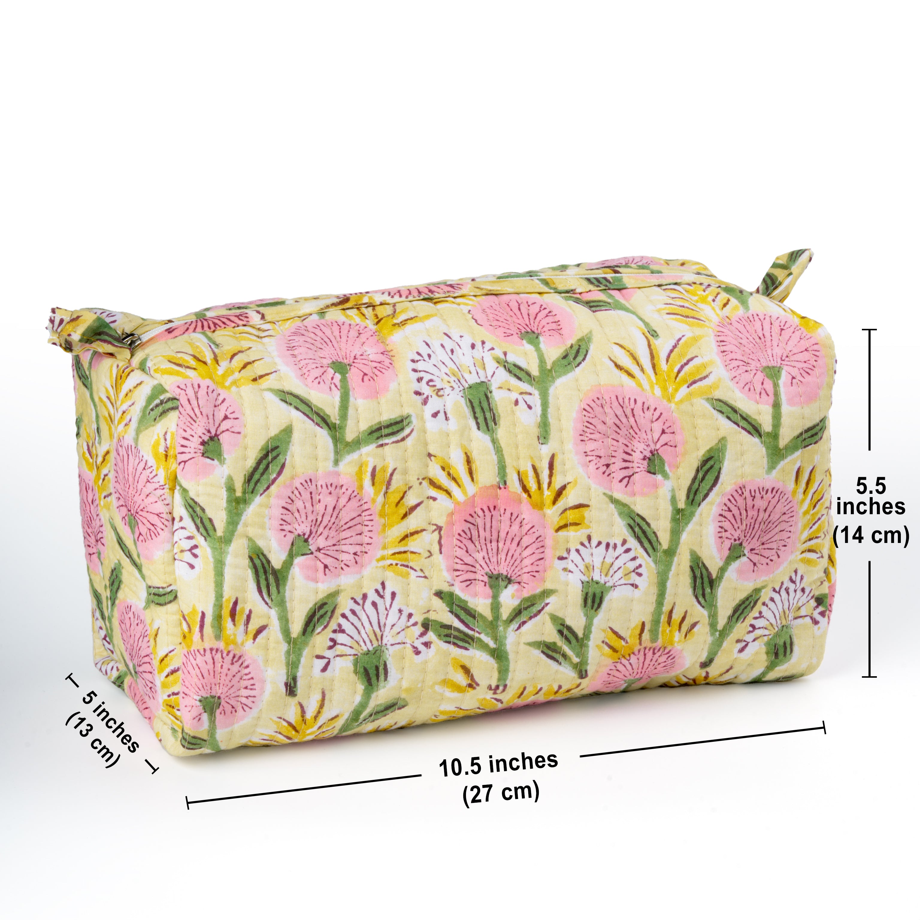 '"Floral Meadow" Block Printed Quilted Toiletry Pouch – Large