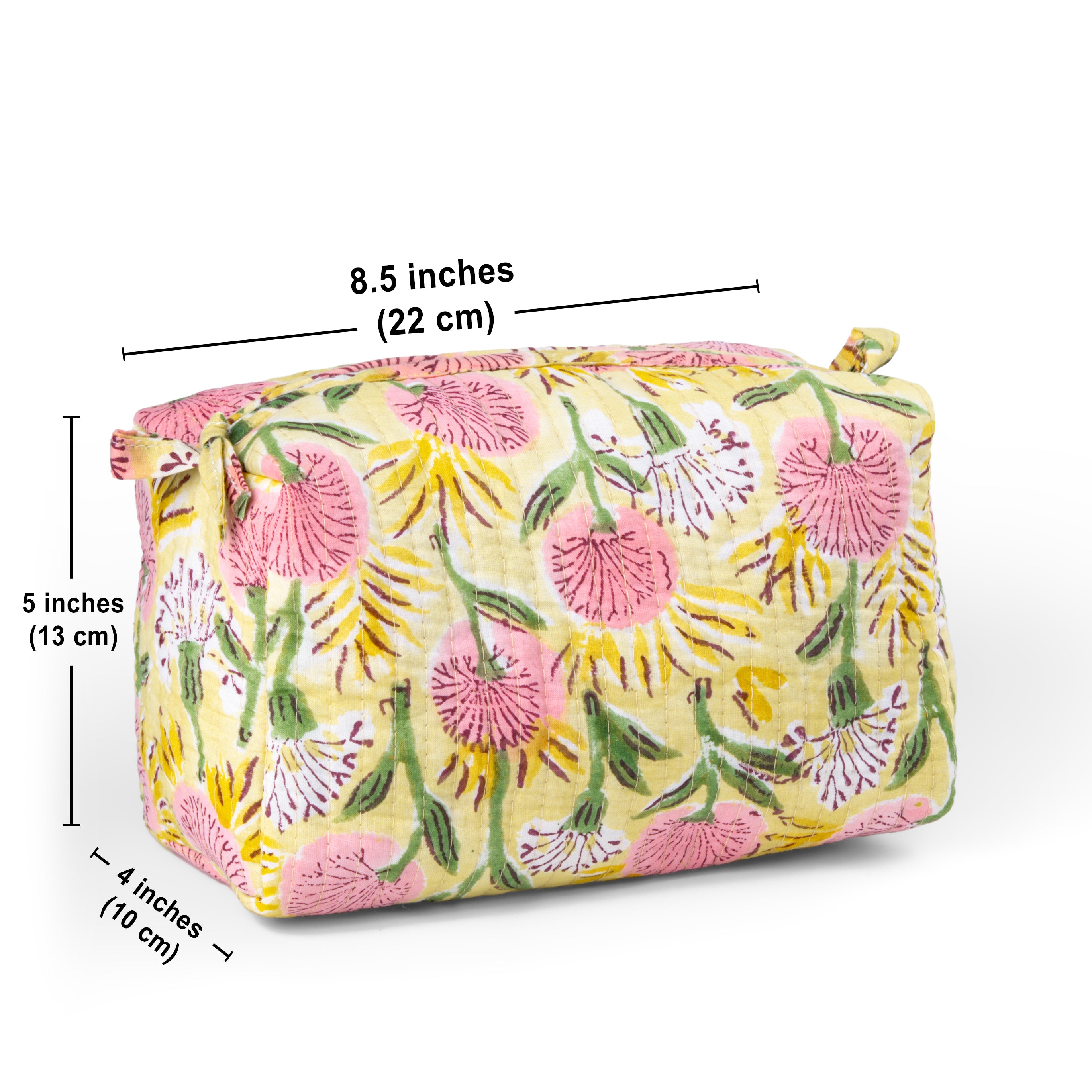 '"Floral Meadow" Block Printed Quilted Toiletry Pouch – Medium