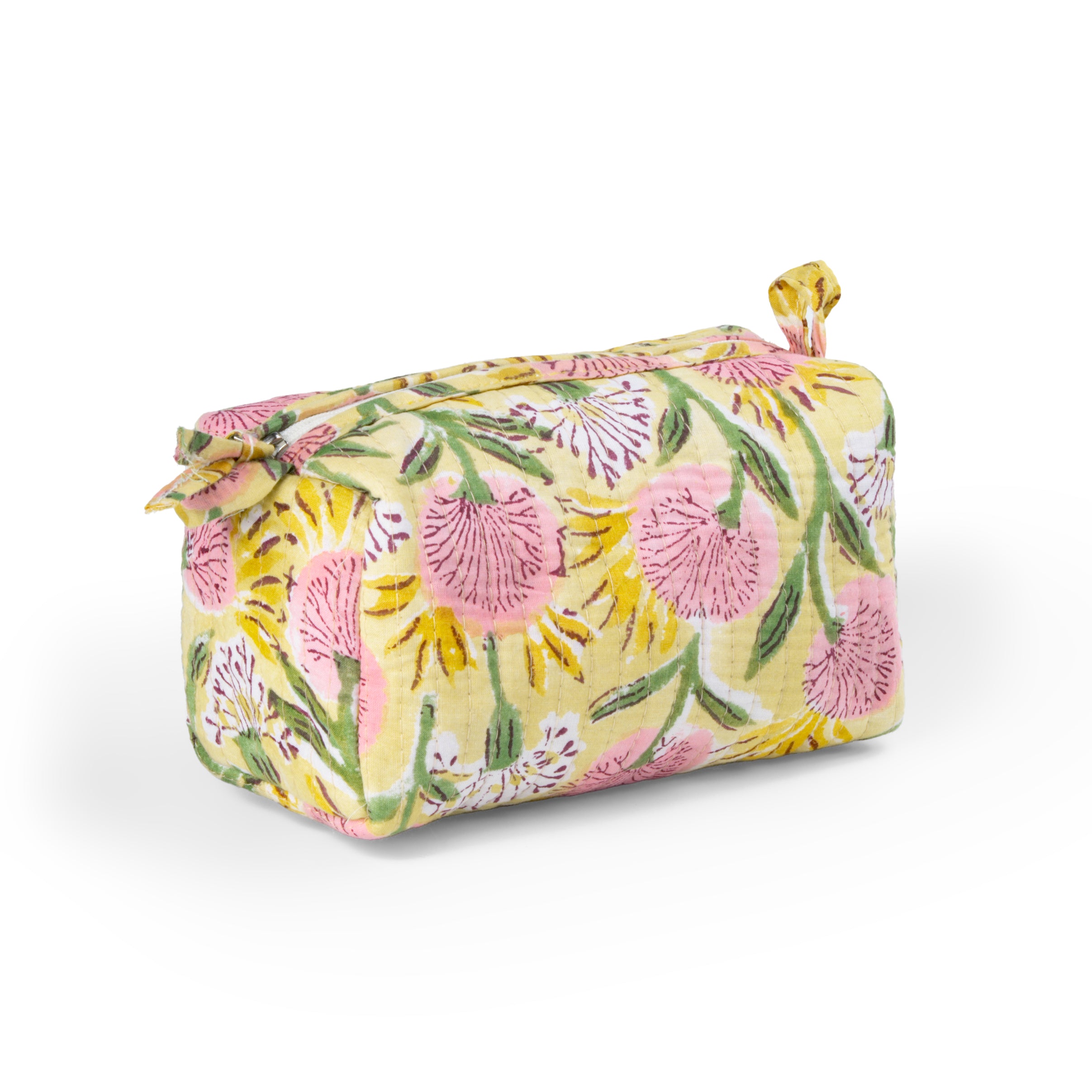 "Floral Meadow" Block Printed Quilted Toiletry Pouch – Small
