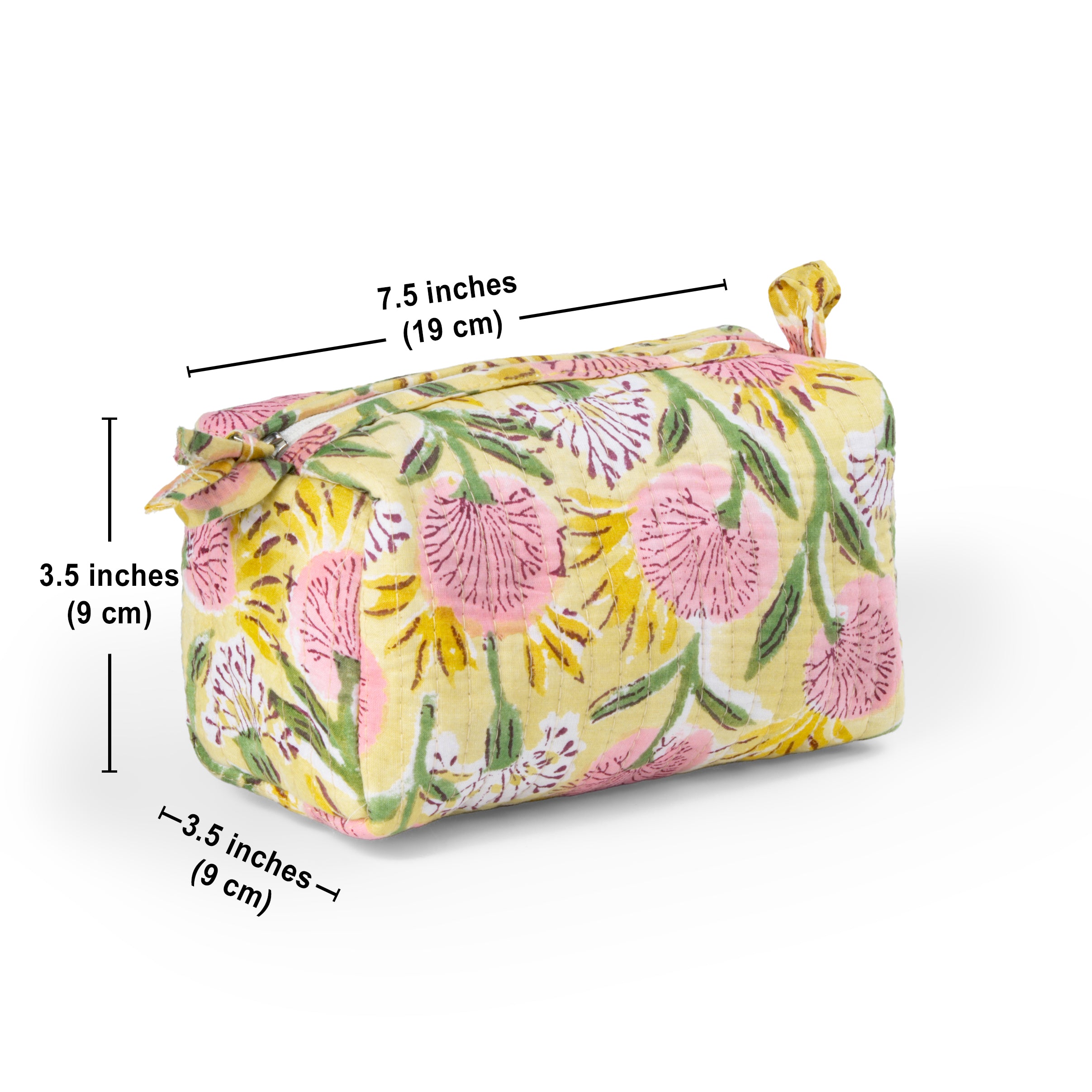 "Floral Meadow" Block Printed Quilted Toiletry Pouch – Small