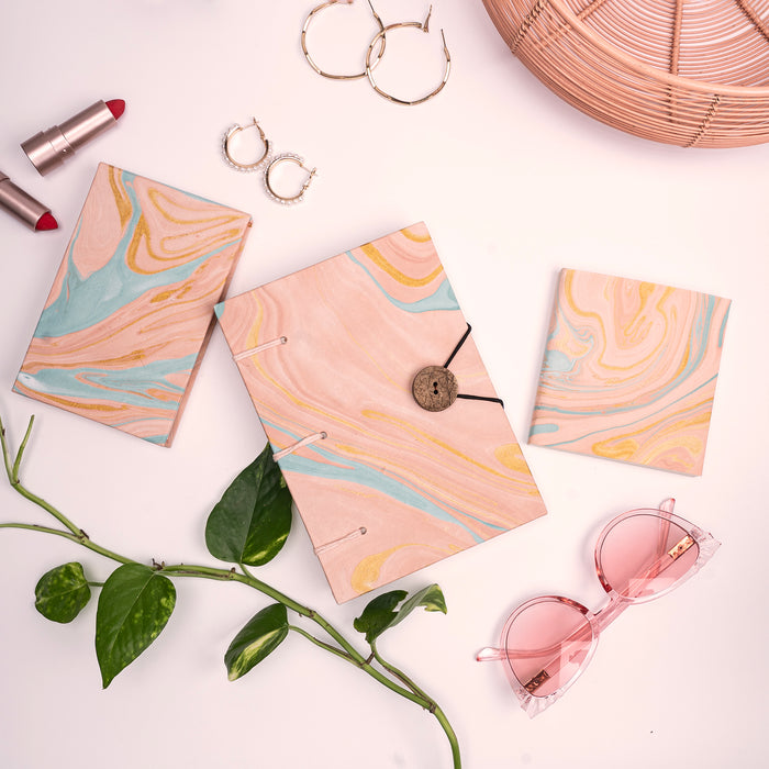 Combo of 3 - Blush Button A5 Hardbound Diary + Small Blush Marble Notepad + Small Blush Marble Pocket Diary