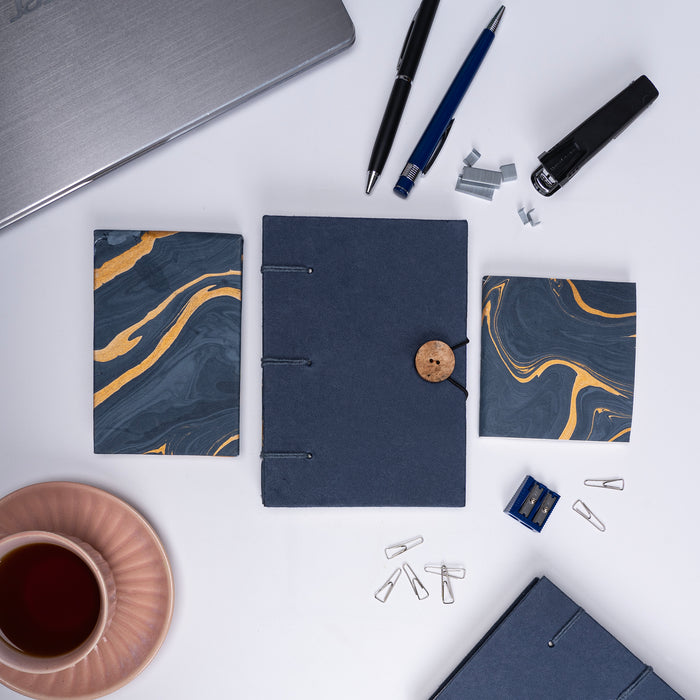 Combo of 3 - Blue Button A5 Diary + Small Blue Marble Notepad + Small Blue Marble Pocket Diary