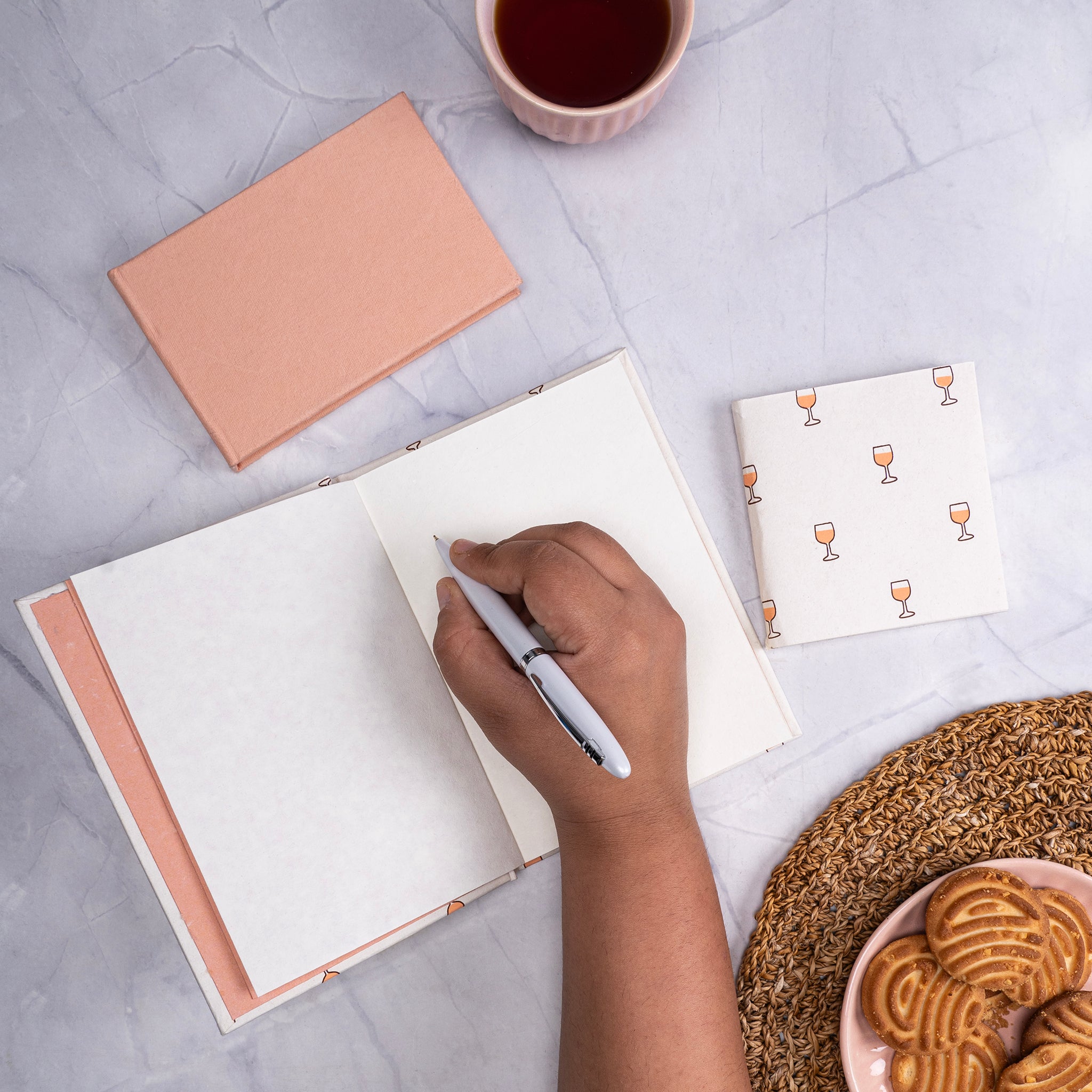 Combo of 3 - Wineglass A5 Hardbound Diary + Small Peach Plain Notepad + Small Wine Glass Pocket Diary