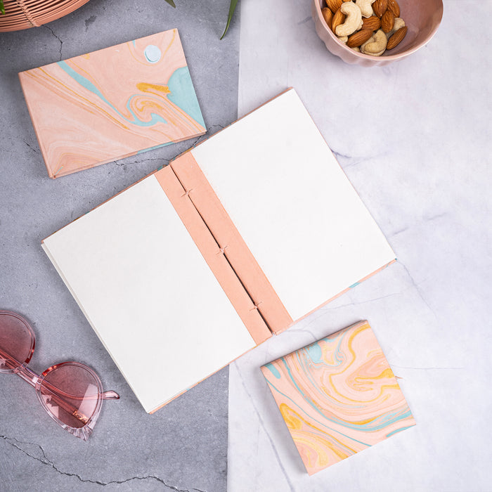 Combo of 3 - Blush Button A5 Hardbound Diary + Small Blush Marble Notepad + Small Blush Marble Pocket Diary
