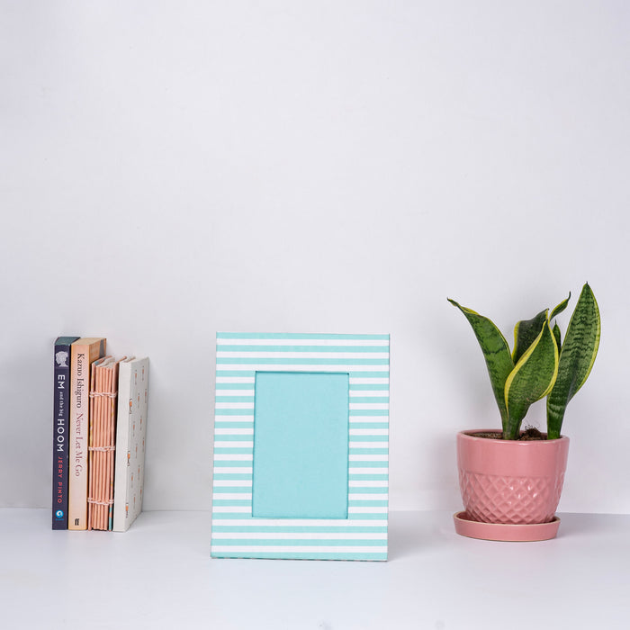 Blue Horizontal Striped Photo Frame- 100% Tree Free Handmade Paper