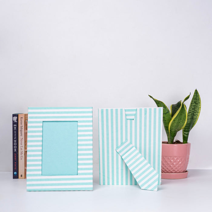 Blue Horizontal Striped Photo Frame- 100% Tree Free Handmade Paper
