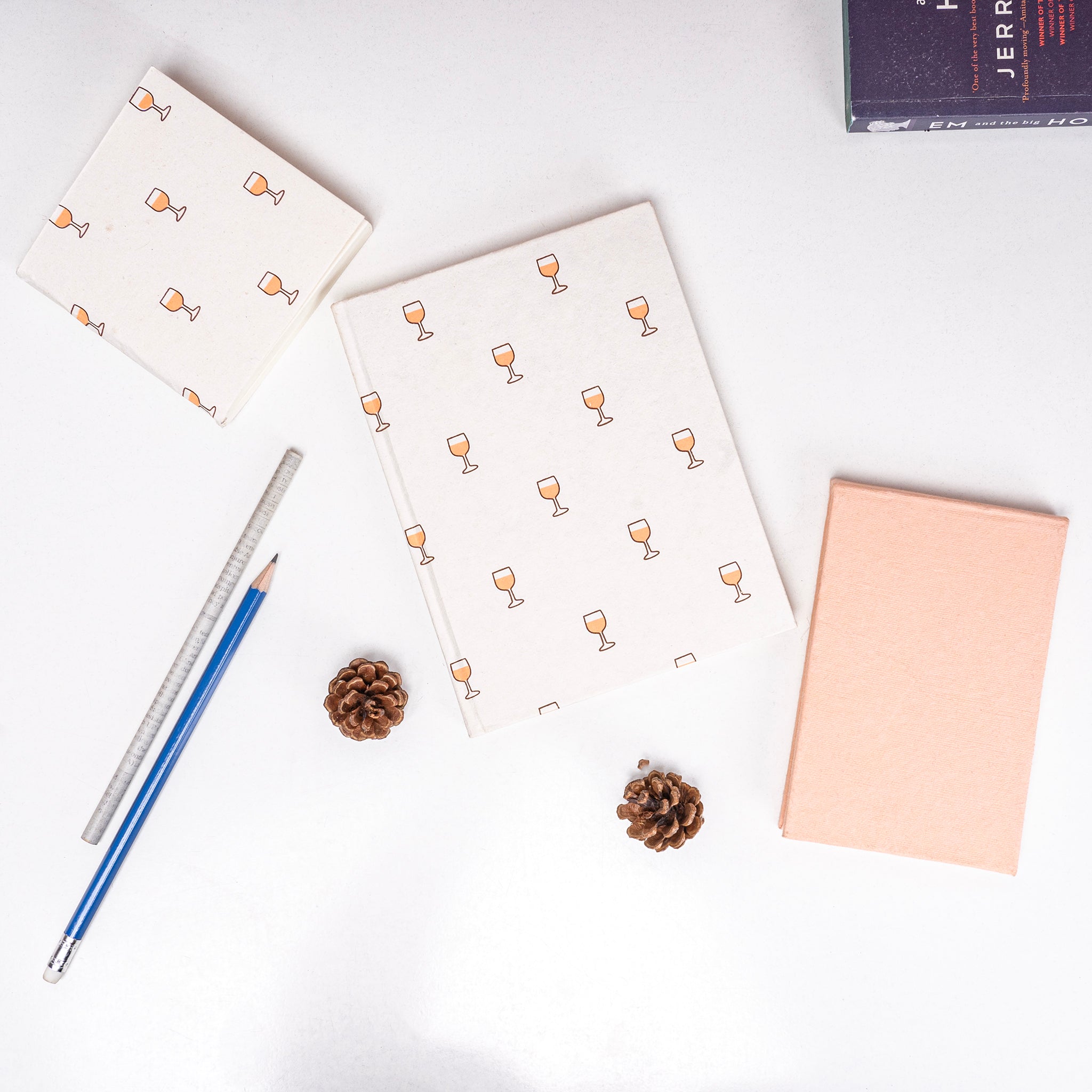 Combo of 3 - Wineglass A5 Hardbound Diary + Small Peach Plain Notepad + Small Wine Glass Pocket Diary