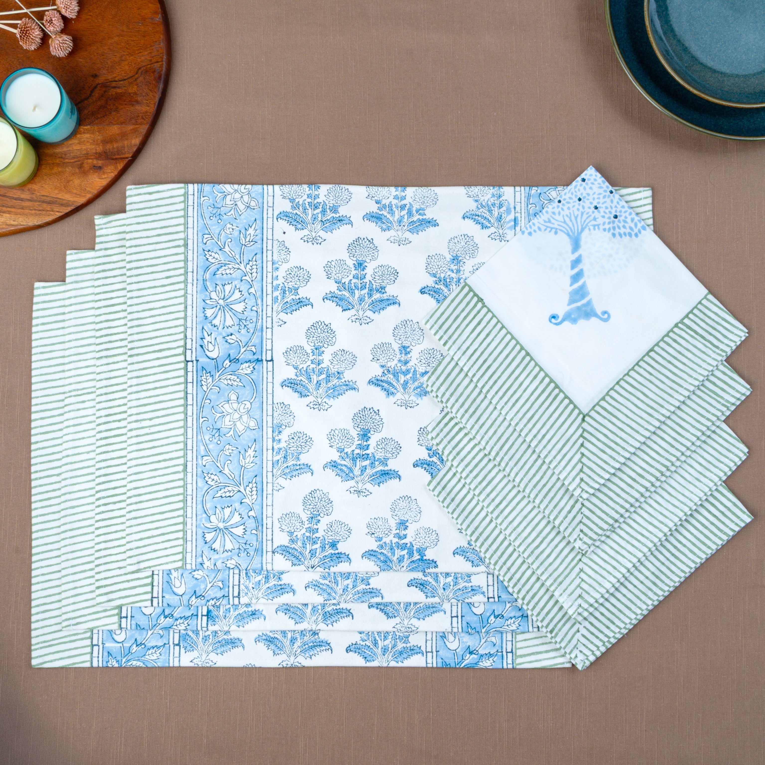 Magnolia - Set of 4 Handcrafted Block Printed Table Mats & Napkins  (4+4)