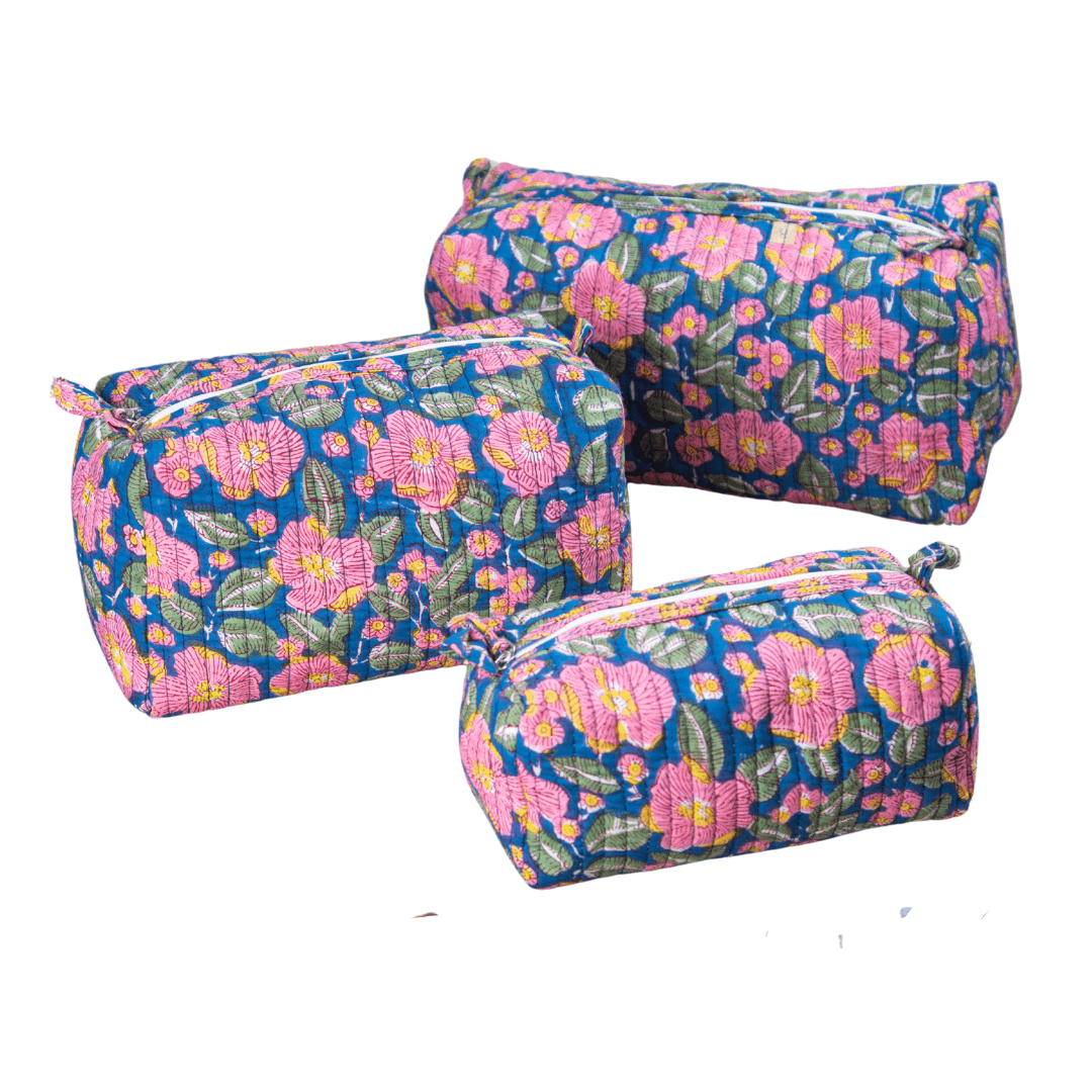 Bags "Garden Paradise" Block Printed Quilted Toiletry Pouch Set of 3 – Small, Medium & Large artmansha