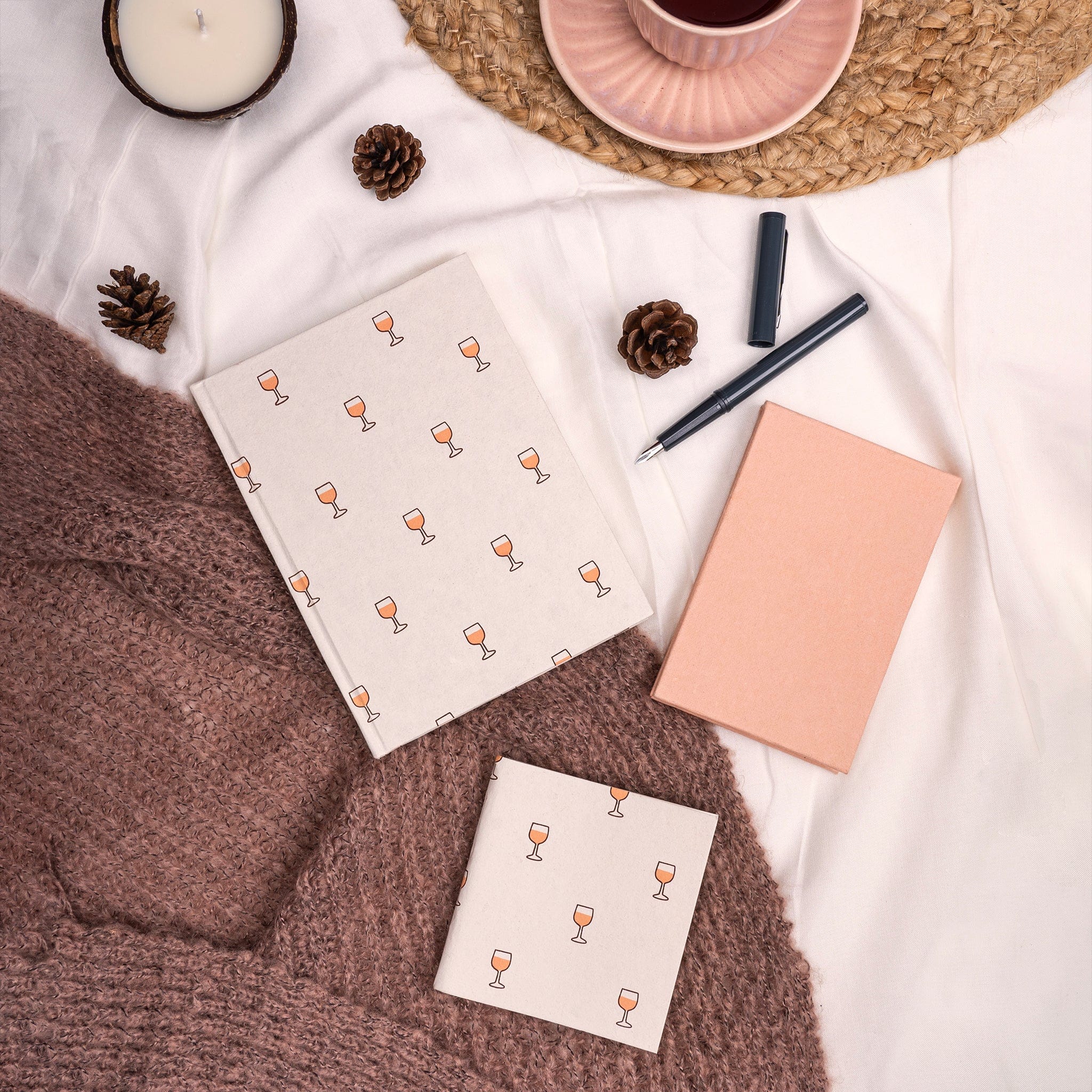 Combo of 3 - Wineglass A5 Hardbound Diary + Small Peach Plain Notepad + Small Wine Glass Pocket Diary artmansha