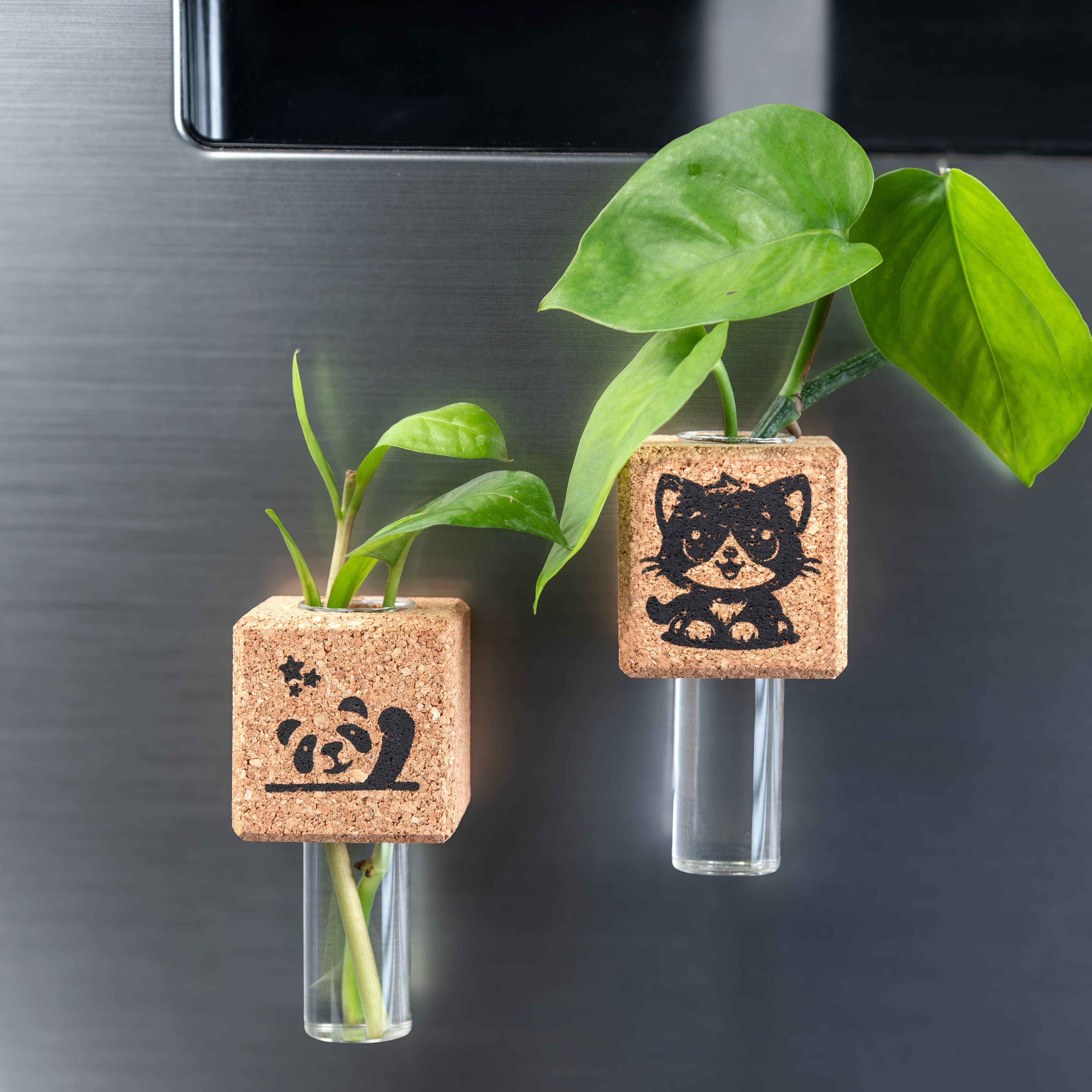 Vases 'Cute Cat & Panda' Combo of 2 Cork Magnetic Mini Planters/Vases artmansha